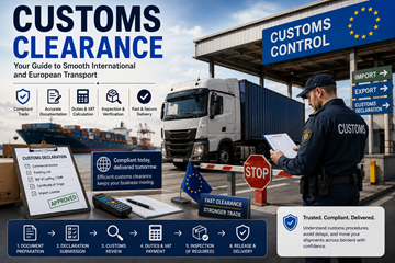 Europeiska tullklareringsprocesser med lastbilar, lastcontainrar, gränskontroller och internationell logistik