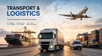 Transport- och logistikprocess som visar lastbilar, lager och gods som rör sig över Europa i leveranskedjan