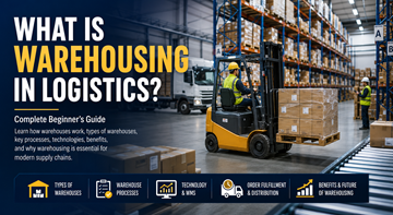 Modernt logistiklager med hyllor, gaffeltruckar, pallar och personal som hanterar lager i Europa